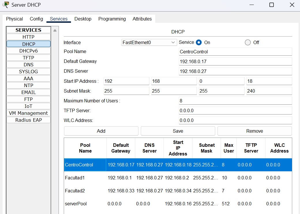 Configuración del pool DHCP CentroControl en el servidor DHCP