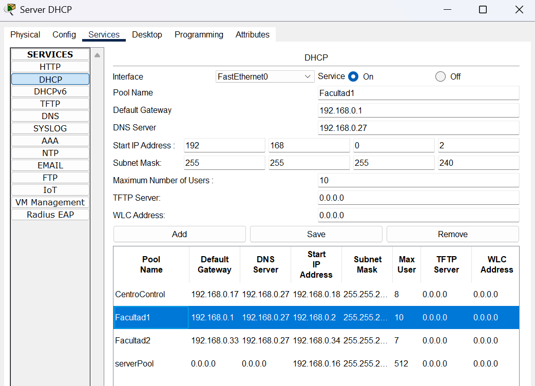 Configuración del pool DHCP Facultad1 en el servidor DHCP