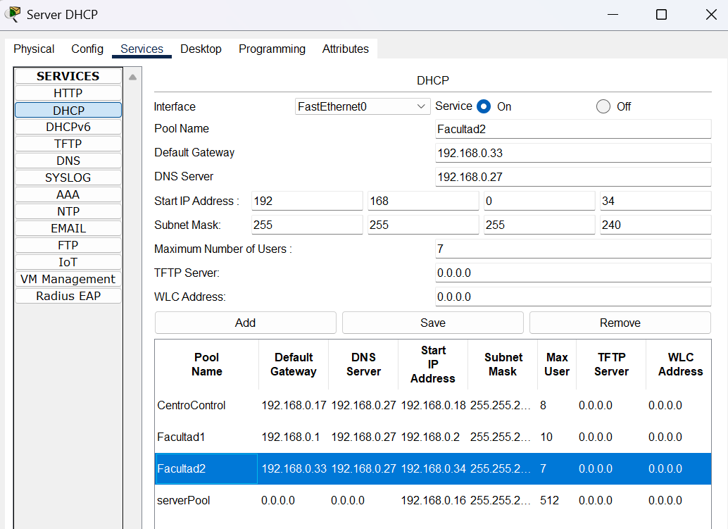Configuración del pool DHCP Facultad2 en el servidor DHCP
