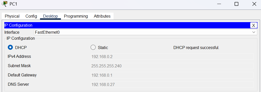 Configuración IP de PC1 mostrando que ha recibido dirección por DHCP correctamente