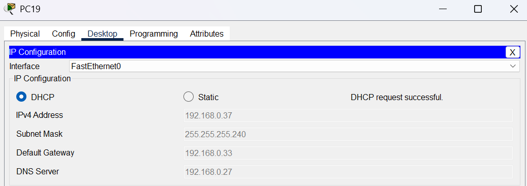Configuración IP de PC19 mostrando la dirección DNS asignada por DHCP