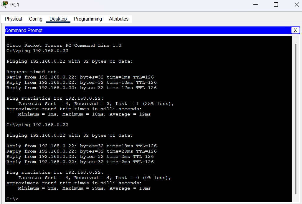 Ping exitoso desde PC1 hasta PC13