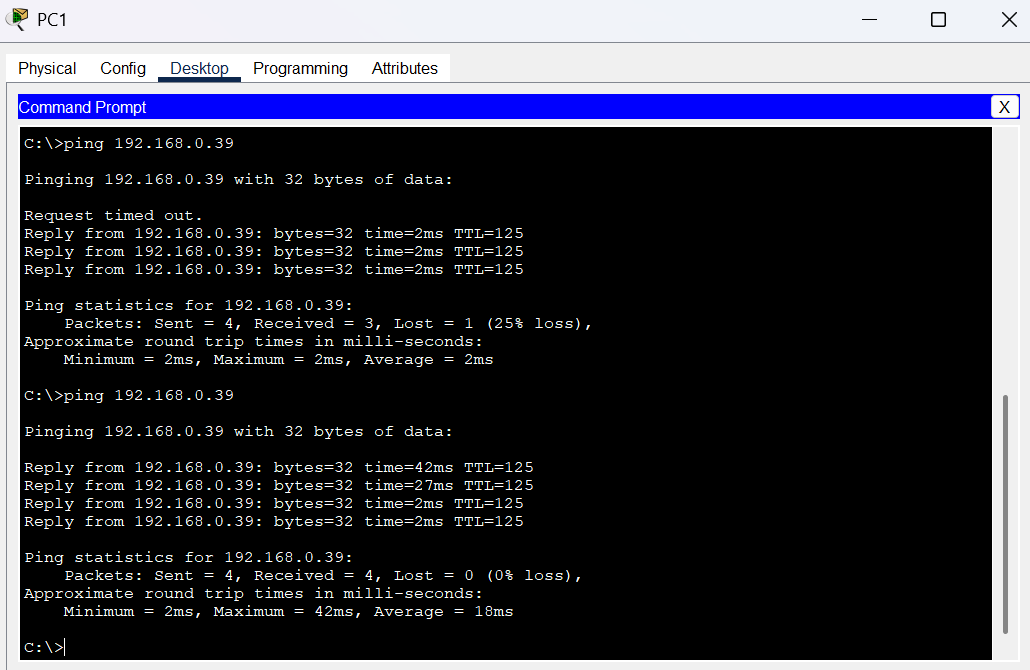 Ping exitoso desde PC1 hasta PC19