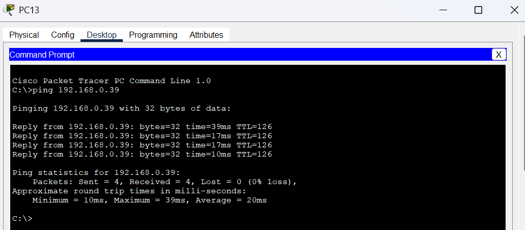 Ping exitoso desde PC13 hasta PC19