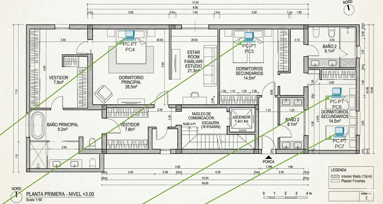 Plano de la planta primera de Facultad 1 con la ubicación de PC4, PC5, PC6, PC7