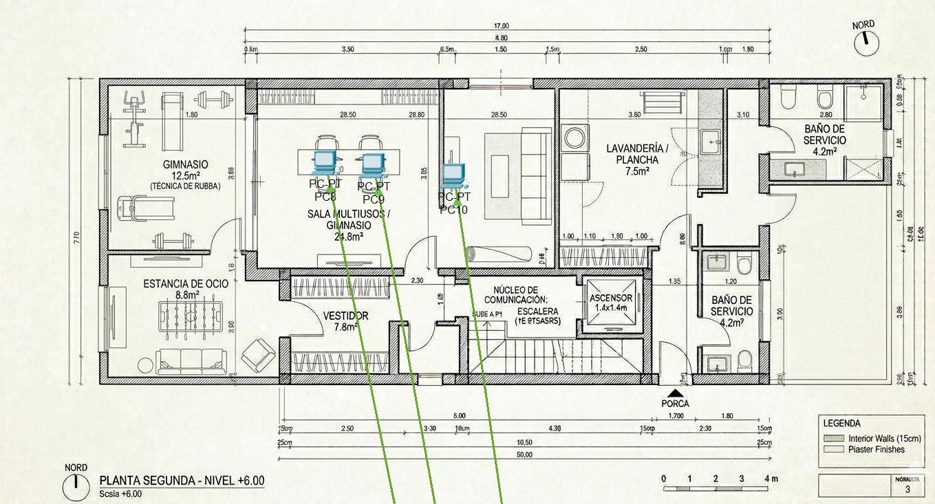 Plano de la planta segunda de Facultad 1 con la ubicación de PC8, PC9, PC10