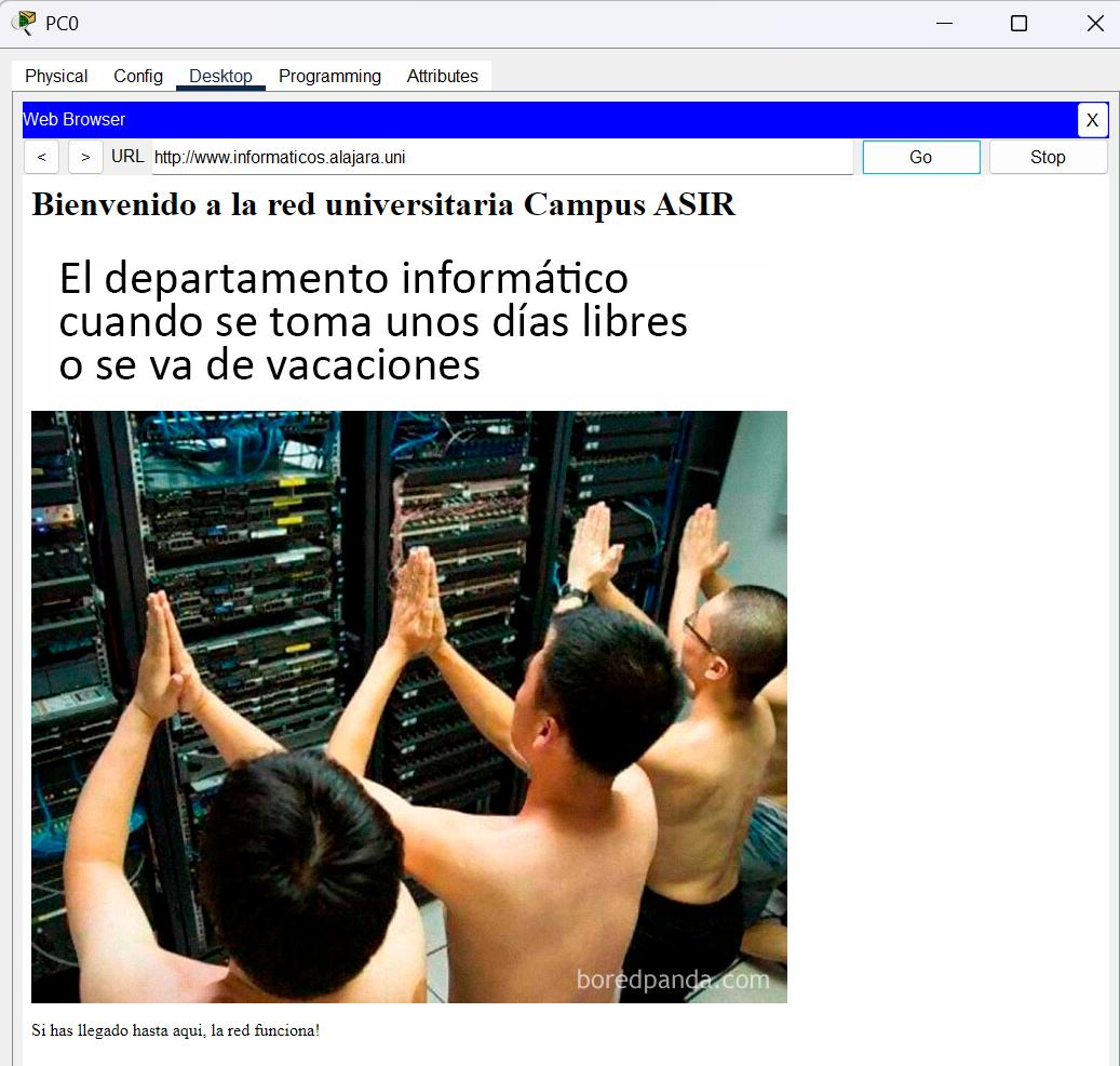 Página web accedida desde PC0 mediante el dominio www.informaticos.alajara.uni