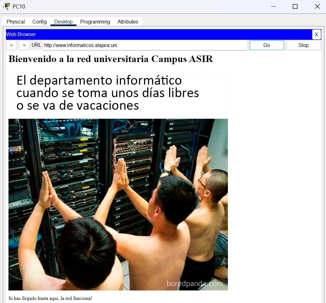 Página web accedida desde PC10 mediante el dominio www.informaticos.alajara.uni